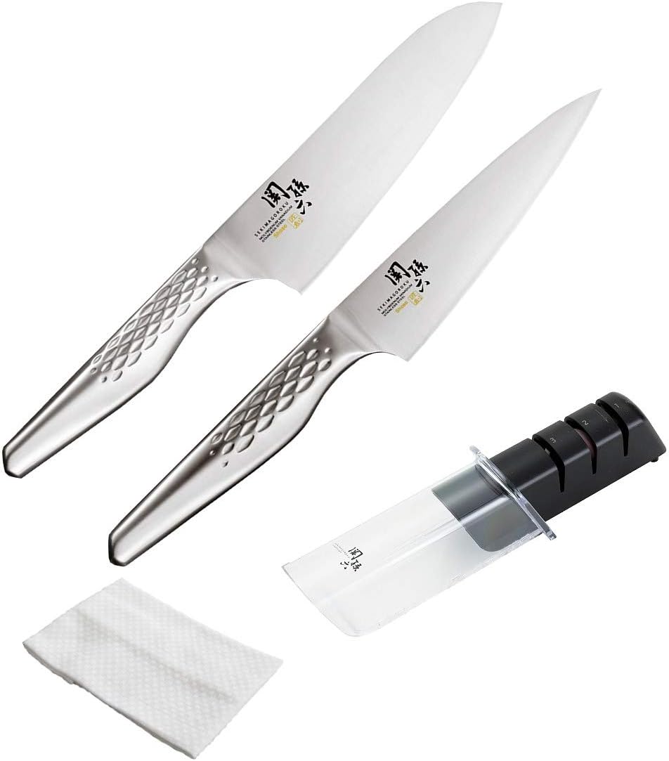 Kai Corporation AB-5156 AB-5163 AP-0308 Santoku Knife Set, 6.5 inches (165 mm) + Petty 4.7 inches (120 mm) + Sharpener + Dish Towel