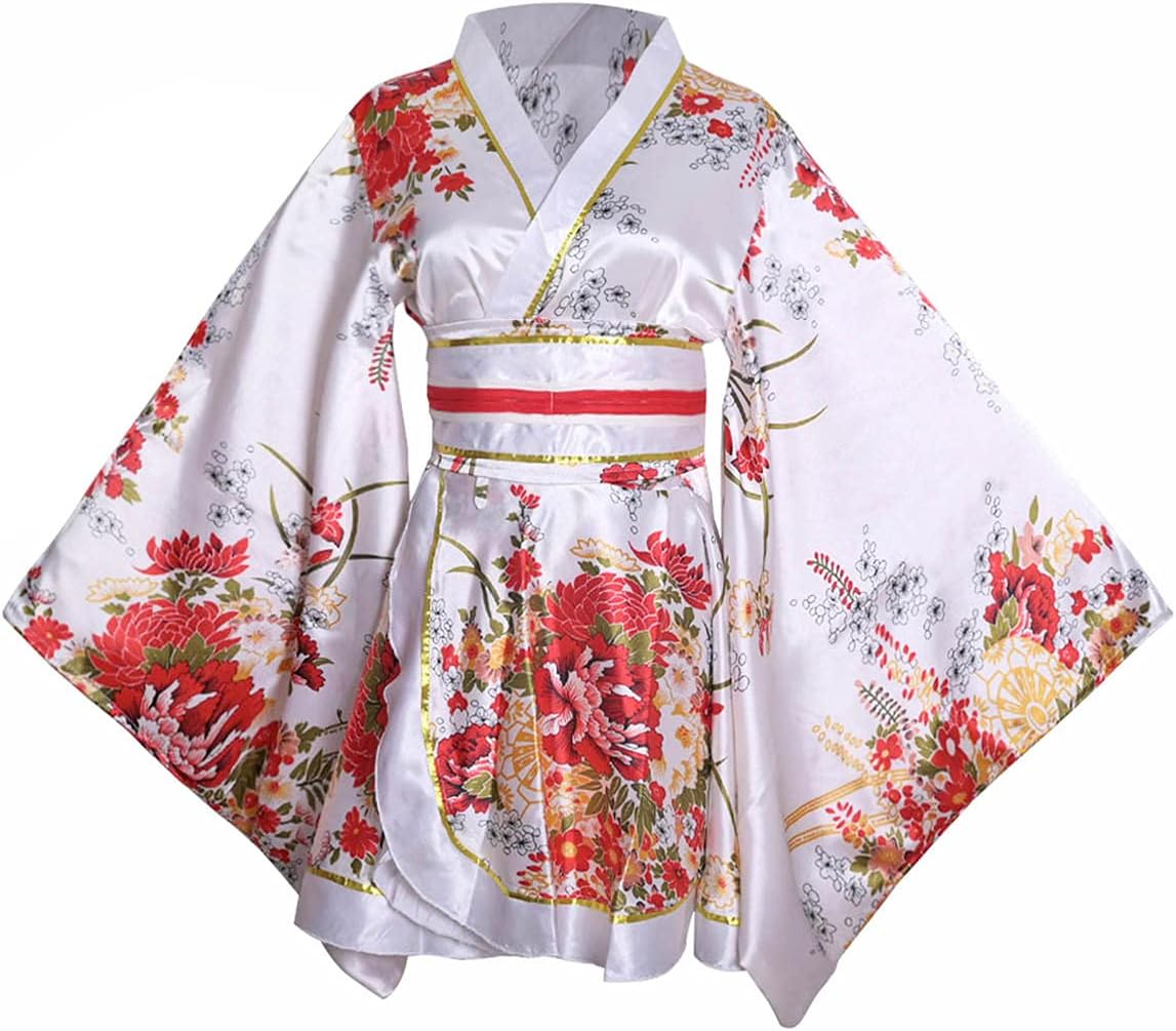 Women's Short Kimono Costume, Floral Pattern, Long Sleeve, Japanese Traditional Geisha, Yukata, Lolita Dress, Sexy Bath, Srobe, Sleepwear Robe, Belt Outfit