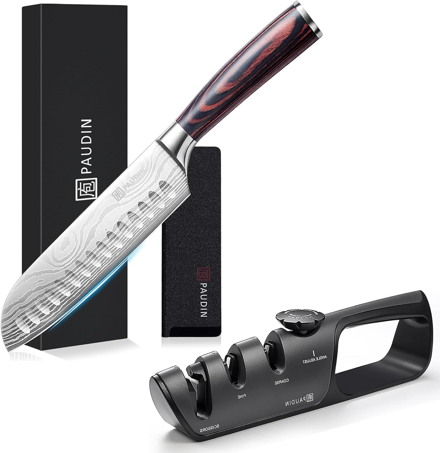 PAUDIN Santoku Knife, 6.7 inches (170 mm), Sheath Included, Stainless Steel, Good Cut + Knife Sharpener Manual, 3 Levels, No Sharpening Stone, Compatible with Knives, Scissors, Knives