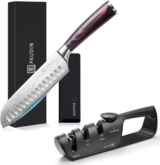 PAUDIN Santoku Knife, 6.7 inches (170 mm), Sheath Included, Stainless Steel, Good Cut + Knife Sharpener Manual, 3 Levels, No Sharpening Stone, Compatible with Knives, Scissors, Knives