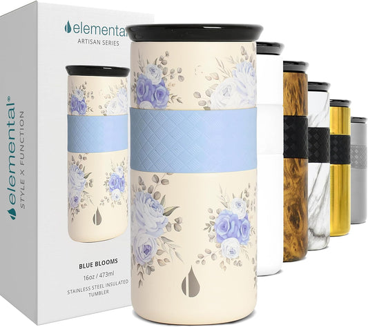 Elemental Vaso aislado artesanal, taza de viaje para café de triple pared, reutilizable, de acero inoxidable, con tapa de cerámica, tazas de café térmicas para bebidas calientes (6 horas) y frías (18 horas), 16 onzas, flores azules