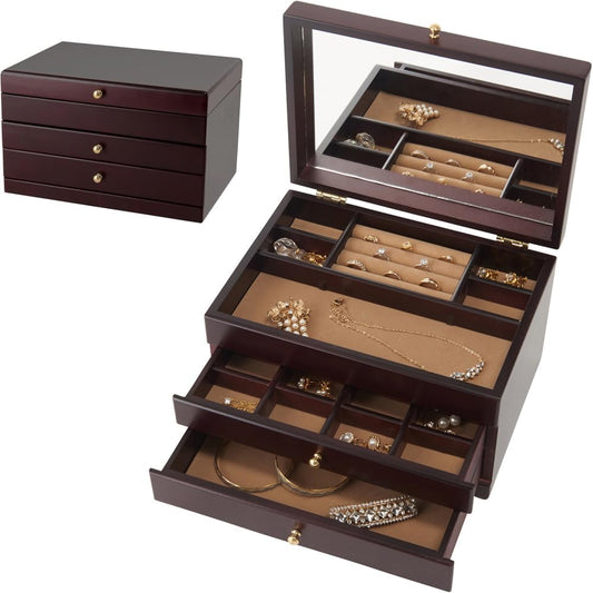 Jewelry Box, Wooden Large Capacity, Stylish, Drawers, Dividers, Mirror, Storage, Organization, Accessories, Jewelry, Jewelry Case, 3 Tiers, Interior, Made in Japan, W10.4 x D7.9 x H6.5 inches (26.5 x