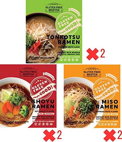 Generic Gluten Free Instant Tonkotsu Style Ramen, Soy Sauce Ramen, Miso Ramen, Set of 6 (2 Meals each)