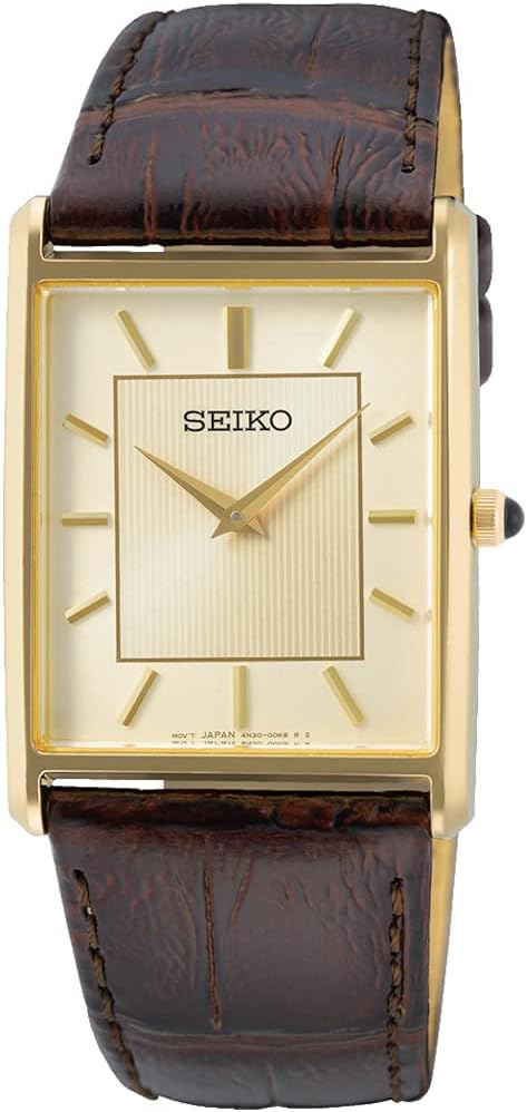 Seiko SWR064 Men's Wristwatch, Square Design, Quartz, Champagne Gold Dial x Brown Leather Band, Formal