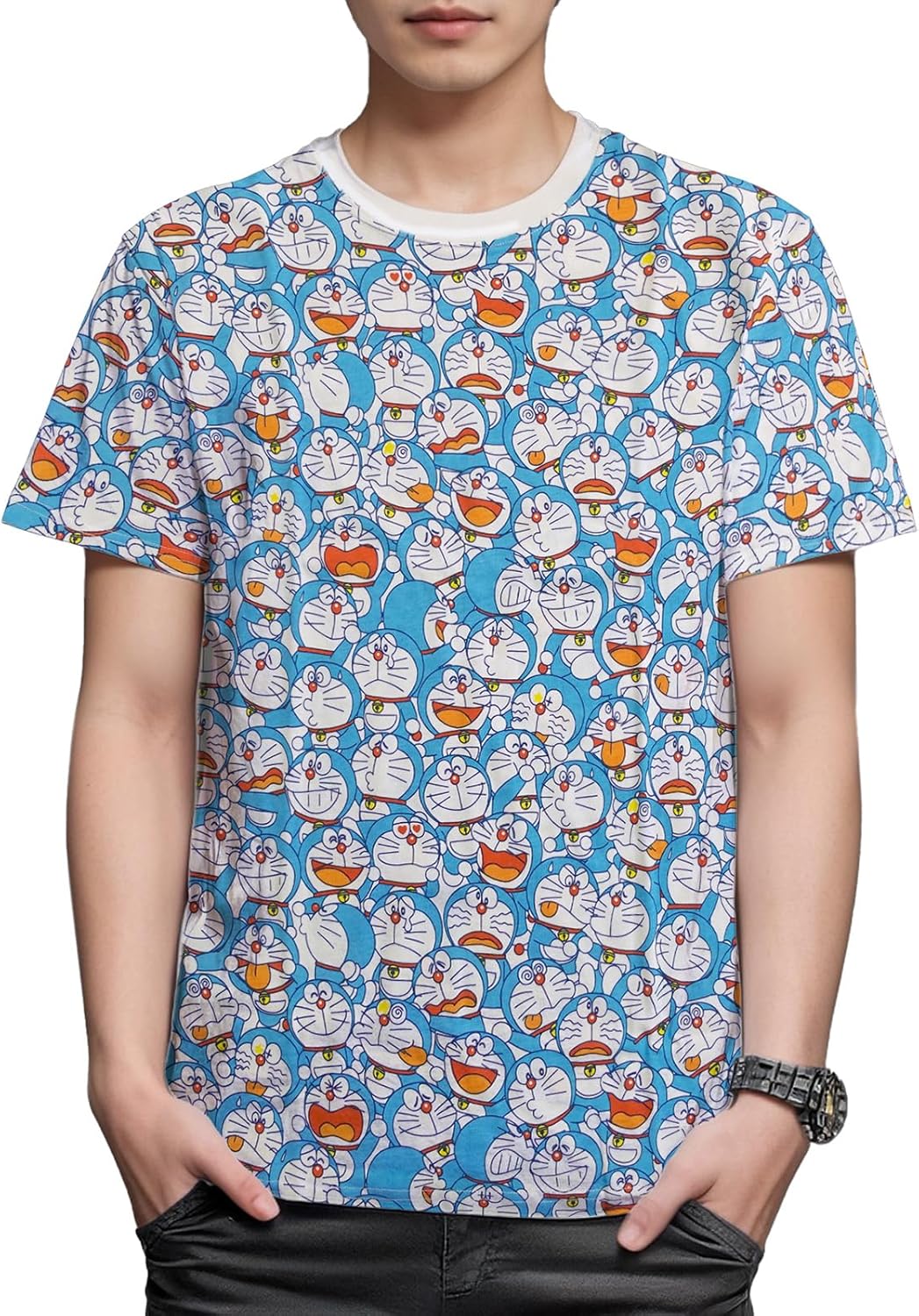 Finplus Short Sleeve Doraemon T-Shirt, Chock, Allover Pattern, Goods, Character, Matching