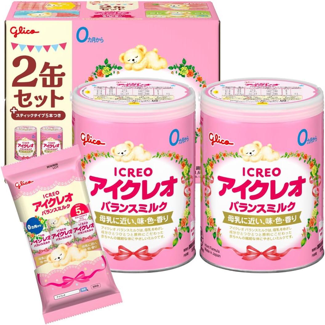 Glico Icreo Balance Milk, Powder Formula for Newborns, 28.2 oz (800 g) x 2 Cans + 5 Bonus Sticks, 0 Months to 1 Year Old, Exclusive