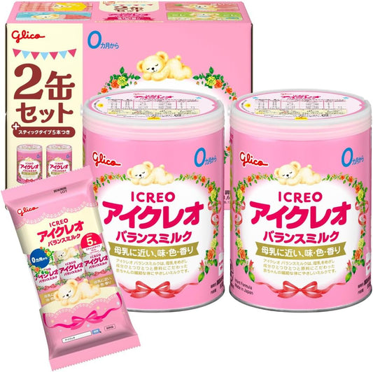 Glico Icreo Balance Milk, Powder Formula for Newborns, 28.2 oz (800 g) x 2 Cans + 5 Bonus Sticks, 0 Months to 1 Year Old, Exclusive
