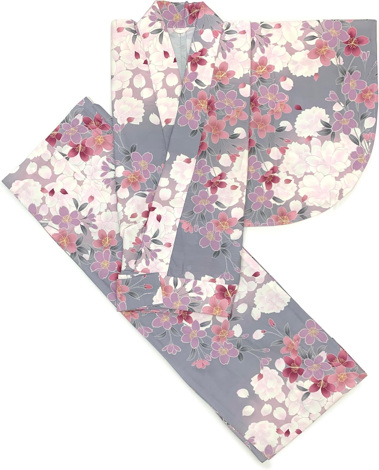 Kyoto Muromachi st. Two-Piece Kimono, Single, M, L, Washable Kimono, Women's Fine Pattern, Gray, Double Cherry Blossoms, ANBHt-15