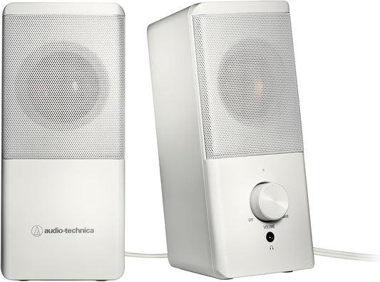Audio Technica AT-SP95 WH Active Speaker White PC Tablet Record Player USB Power Space Saving Design Front Headphone Jack Low Power High Output White