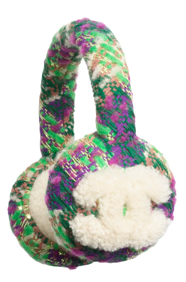 CHANEL GREEN TWEED AND SHEARLING EARMUFFS
