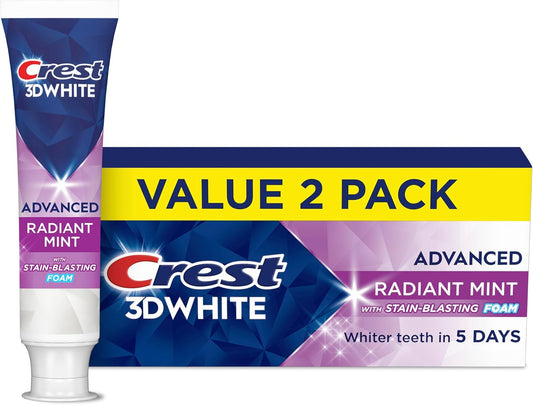Crest 3D White Advanced - Pasta dental blanqueadora de dientes, menta radiante, 3.3 onzas, paquete de 2
