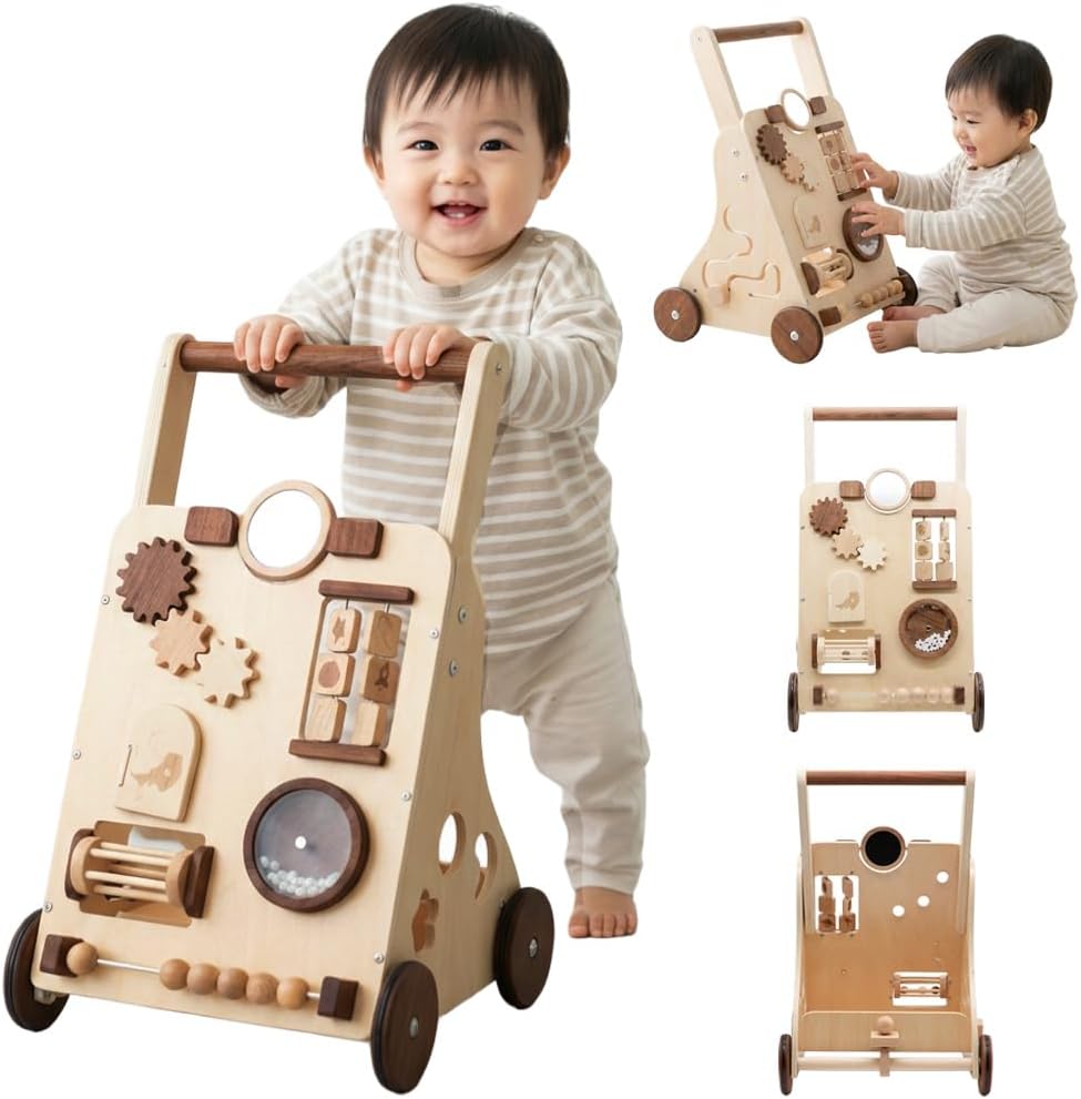 Hand-Pushed Cart Baby Walker Wooden Toy Grasping Standing Walking Practice Baby 1 Year Old Birthday Present Christmas Present Nordic [Height Adjustment 2 Levels & Speed Adjustment] Ideal for Crawling
