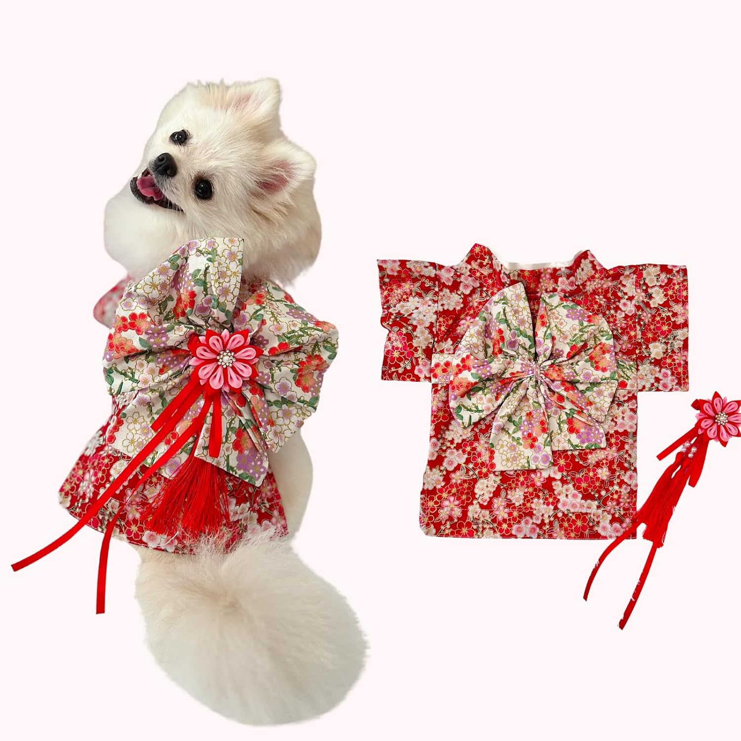 [For Dogs and Cats] Japanese-style Kimono Set in Choose Color | Breathable Cotton Material & Hair Accessories Included | Cute Pet Clothes, Kimono Outfit for Small Dogs and Cats, Festivals, Tanabata
