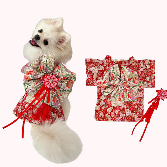 [For Dogs and Cats] Japanese-style Kimono Set in Choose Color | Breathable Cotton Material & Hair Accessories Included | Cute Pet Clothes, Kimono Outfit for Small Dogs and Cats, Festivals, Tanabata