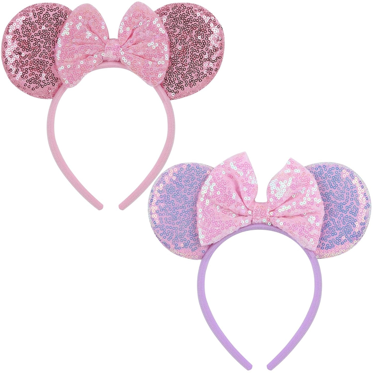 Paquete de 2 diademas de orejas de ratón rosa y morado para mujeres y niñas, diadema de lazo de lentejuelas para cosplay, disfraz de cumpleaños, decoración de fiesta de cumpleaños, accesorios para el cabello