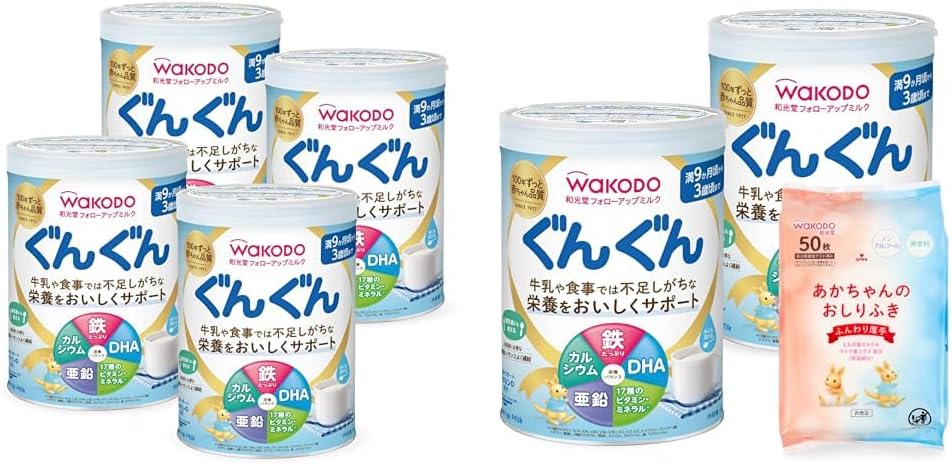 Wakodo Follow-up Milk, Steamy Powder Milk, Baby Milk, Iron, Calcium, DHA Blend, White, 29.7 oz (830 g) x 4 Cans + Wakodo Follow-up Milk, Steamed Powdered Milk, Iron, Calcium, DHA Blend, White, 8 1.1
