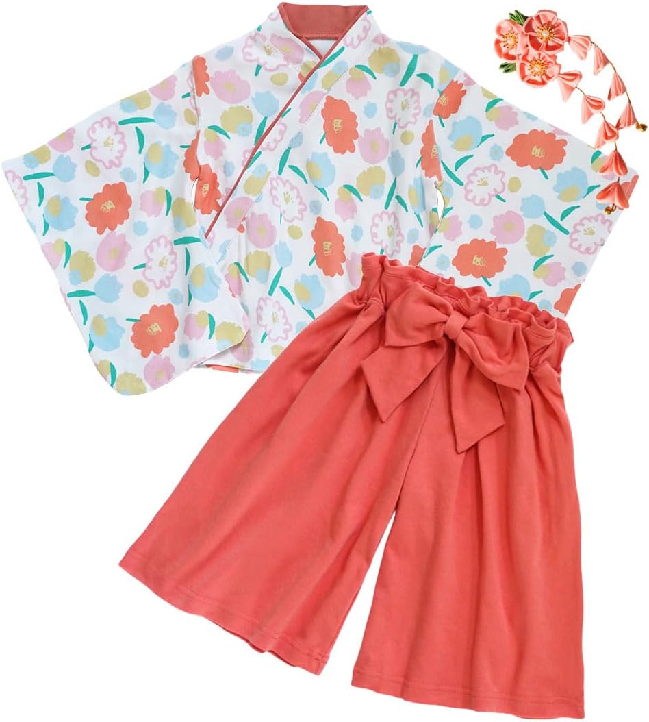 SLINX HF420 Yukata, Children, Girls, Baby, Kids, Summer Festival, Kimono, Yukata, Hair Ornament, 3-piece Set, Japanese Pattern, Yukata Set, Hakama-Style, Top and Bottom Set, Hakama, Children's Kimono,