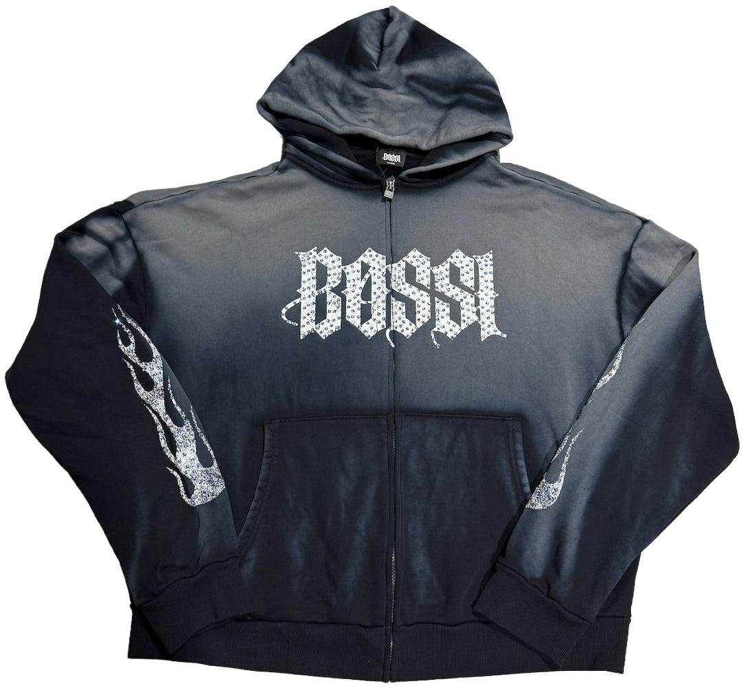 BOSSI 'FLAME' WASHED BLACK RHINESTONE ZIP-UP