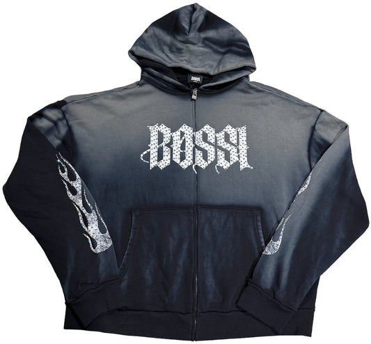BOSSI 'FLAME' WASHED BLACK RHINESTONE ZIP-UP