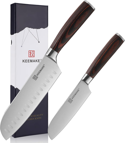 KEEMAKE Kitchen Knife, Santoku Knife, Set of 2, High Carbon Stainless Steel, Double-edged, Dishwasher Safe, Rust Resistant, Good Cut, All-purpose Knife, Vegetables, Meat, Fish, Gift, Home Use, 7.1 inches (180 mm) + 5.1 inches (130 mm)