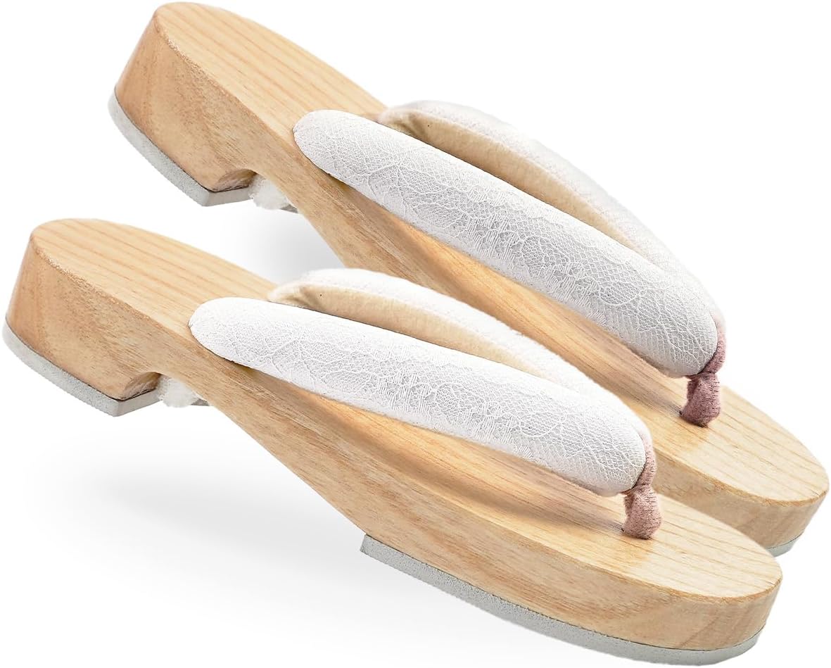 Amemari Women's White Wood Yukata, Lace, Embroidery, Mimosa Embroidery, Fashionable, Painless, Plump Thong, One-class Top Clogs, Beautiful Wood Geta, Yukata Accessories, Dull Color, Thong, Clogs