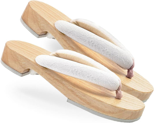 Amemari Women's White Wood Yukata, Lace, Embroidery, Mimosa Embroidery, Fashionable, Painless, Plump Thong, One-class Top Clogs, Beautiful Wood Geta, Yukata Accessories, Dull Color, Thong, Clogs