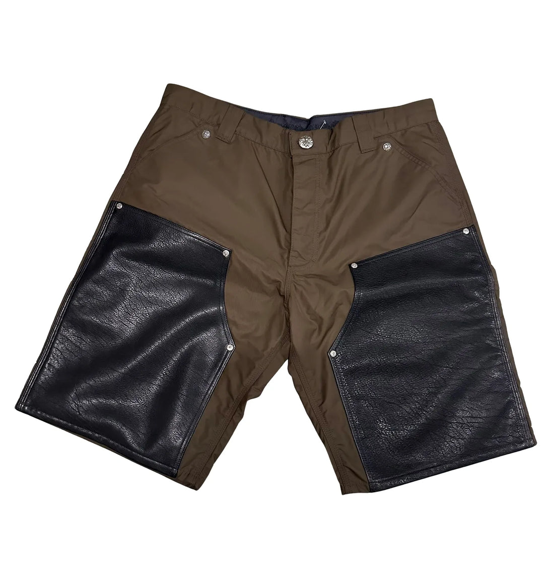 CHROME HEARTS 'BROWN' NYLON & LEATHER DOUBLE KNEE CARPENTER SHORTS