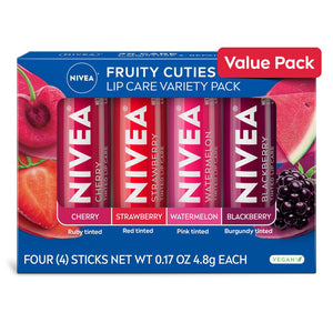 NIVEA Lip Care, Paquete Variado de Bálsamo Labial Tintado Frutal, Sabores a Cereza, Fresa, Mora y Sandía, Humedad, Reparación y Color 3-en-1, Barra de 0.17 Oz, Paquete de 4