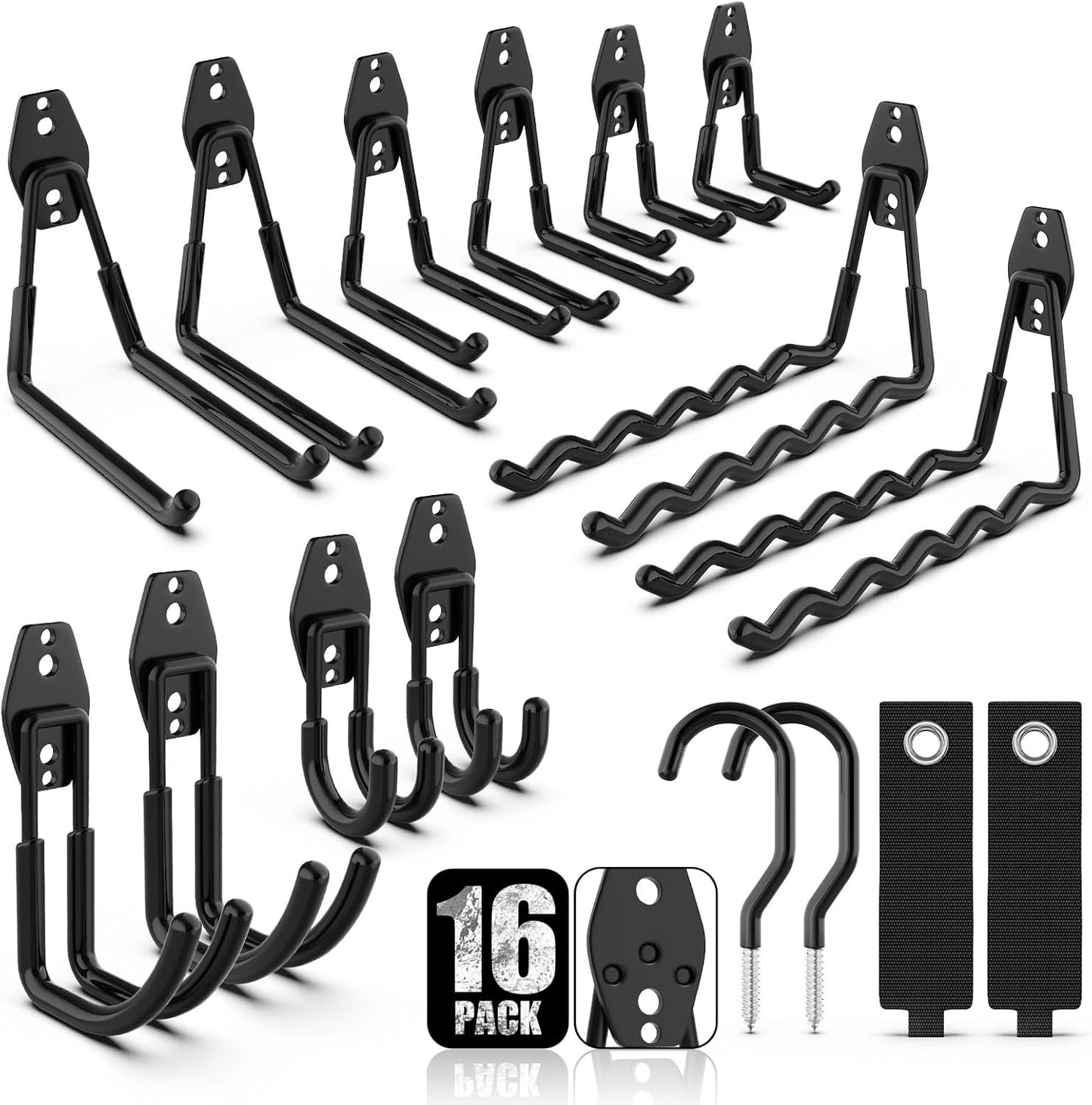 Garage Hooks Large Tool Hooks Garage Storage Set of 16 Wall-mounted Tools with 3 Welding Points for Extra Strength and Durability, Increased Load Capacity by 5kg (with Storage Belt and Bicycle