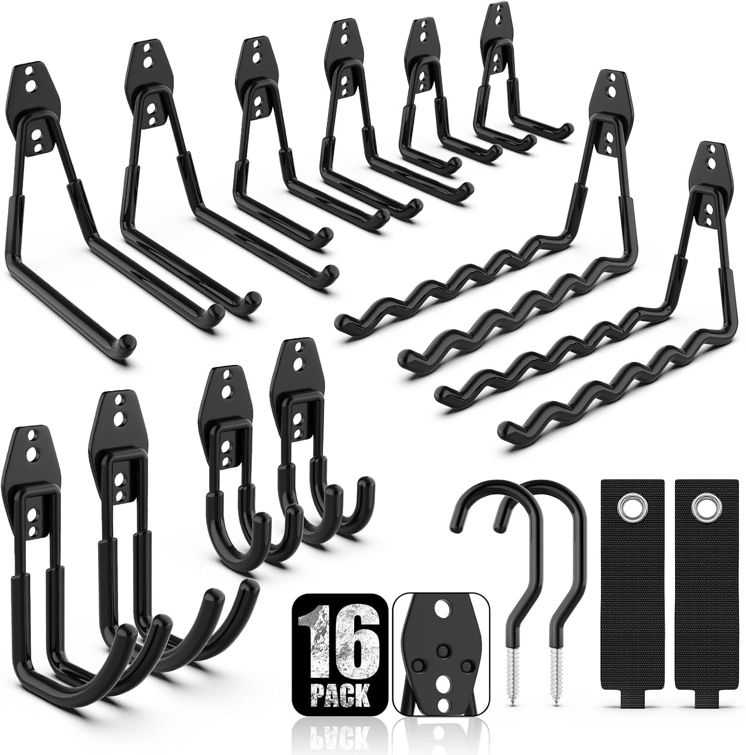 Garage Hooks Large Tool Hooks Garage Storage Set of 16 Wall-mounted Tools with 3 Welding Points for Extra Strength and Durability, Increased Load Capacity by 5kg (with Storage Belt and Bicycle