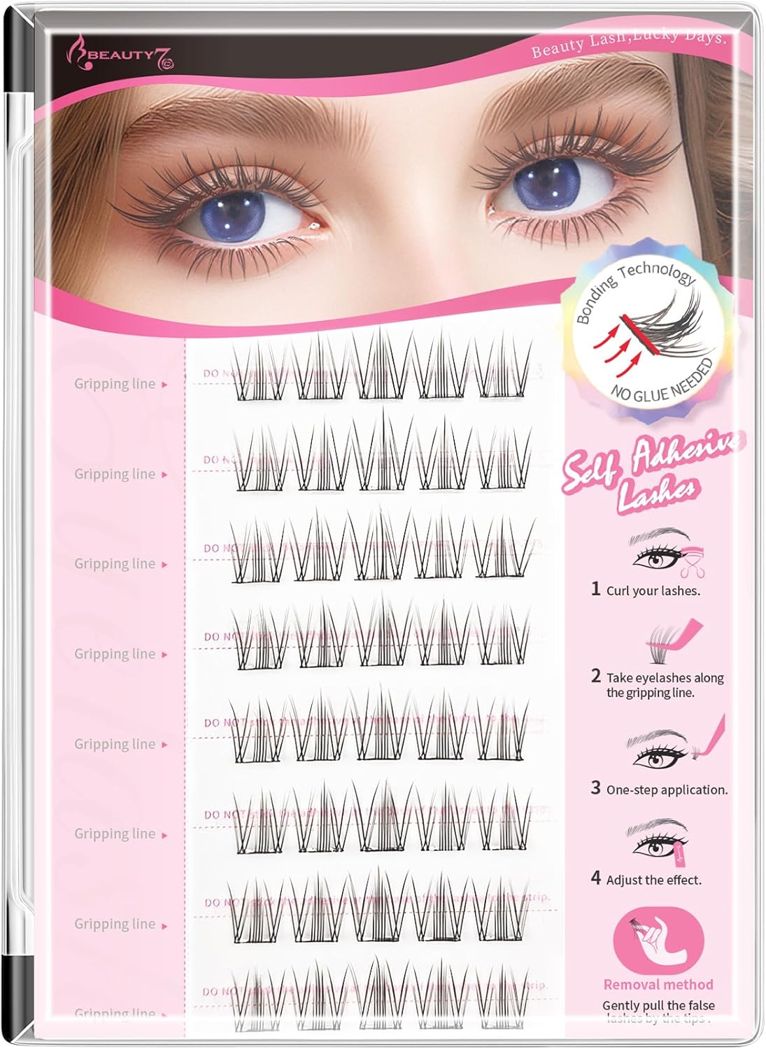 Beauty7 Glue-Free Partial False Eyelashes, Glue-Free, Self-Adhesive False Eyelashes, 1 Second Eyelashes, Natural, Transparent Axis, Upper Eyelashes, Short, Soft, Actress Eyelashes, Reusable, Handmade