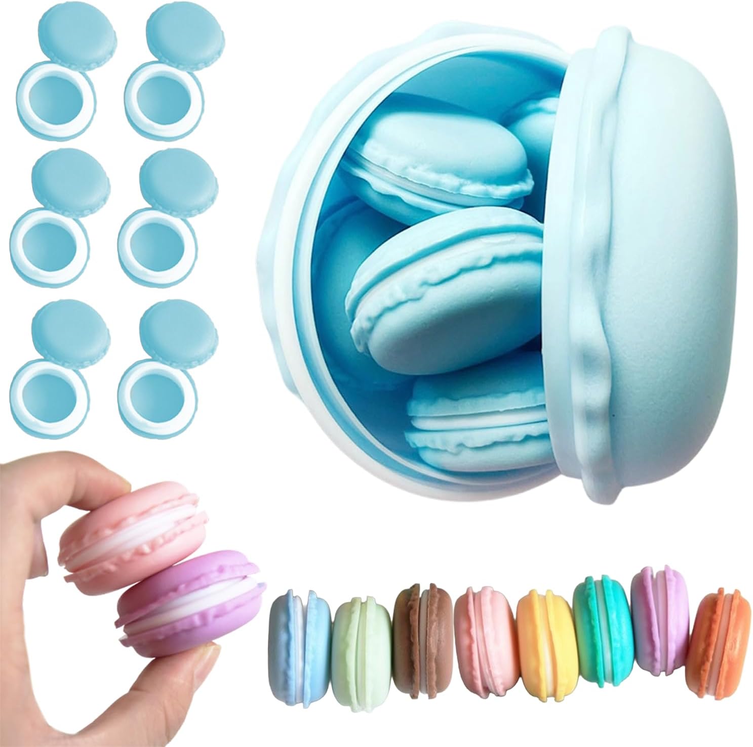 食品サンプル お菓子 マカロン型 大1個＋小6個セット スイーツ風 小物入れ かわいい 収納ケース ジュエリーボックス コスメ収納 アクセサリーケース ディスプレイ フェイクスイーツ インテリア 卓上収納 ギフト (ブルー) [並行輸入品]