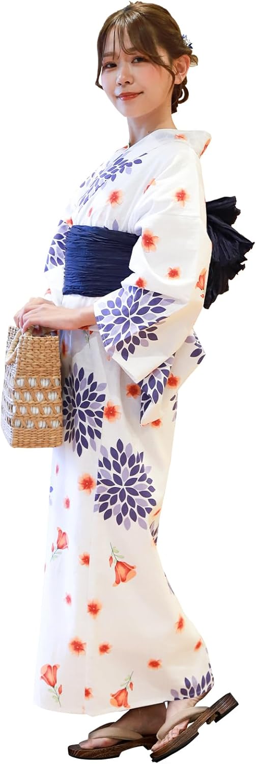 5-Piece Yukata Set (Yukata, Waistband, Geta, Waist Strap), Women's, Separate Yukata, Single Item, Easy to Wear for Beginners, Flower Pattern, Chrysanthemum, Peony, Yukata, Waist Strap
