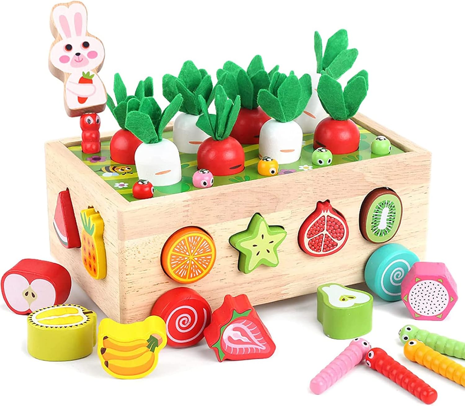 Wooden Toy Carrot Puzzle Montessori Toy Educational Toy Popular Finger Lesson Box Insertion Shape Matching Wooden Toy Boy Girl Farm Carrot Pulling & Magnet Caterpillar Catching Game Fruit