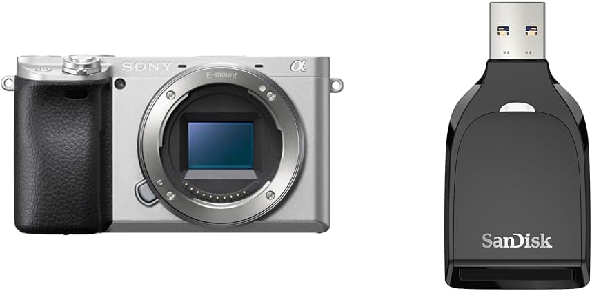 Sony APS-C Mirrorless SLR Camera α6400 Body (No Lens), Silver, ILCE-6400 S + (Genuine SanDisk Product), SanDisk QuickFlow SD, UHS-I Card, USB-A Reader, USB 3.2, Gen1, SDDR-C731-JNANN, 5 Year