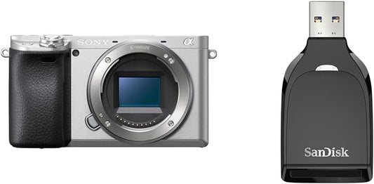 Sony APS-C Mirrorless SLR Camera α6400 Body (No Lens), Silver, ILCE-6400 S + (Genuine SanDisk Product), SanDisk QuickFlow SD, UHS-I Card, USB-A Reader, USB 3.2, Gen1, SDDR-C731-JNANN, 5 Year