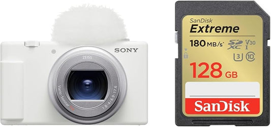 Sony ZV-1II Compact Digital Camera VLOGCAM Vlog Camera with Windscreen Zoom Lens, White ZV-1M2 W + [SanDisk Genuine Product] SD Card, 128GB SDXC, Class 10, UHS-I U3, V30, SanDisk Extreme SDSDXVA