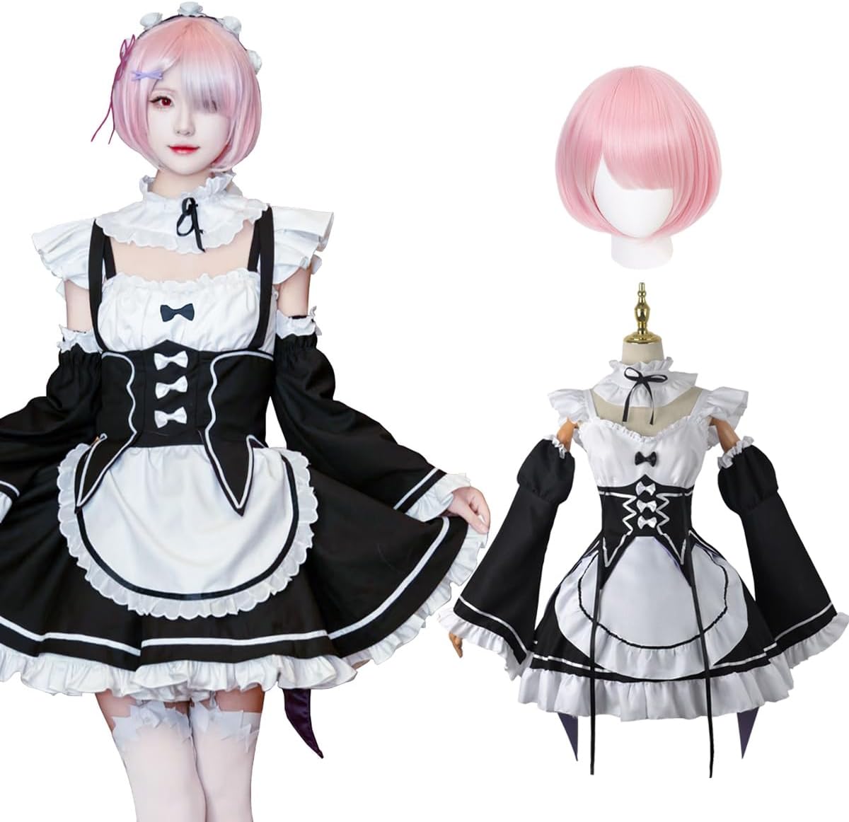 NIUKACOS Rem Rum Cosplay Wig Included, Life in Another World from Re:0, Cosplay Costume, Anime Rizero, Costume, Maid Outfit, For Adults, Halloween, Costume, Photo Sessions, Events