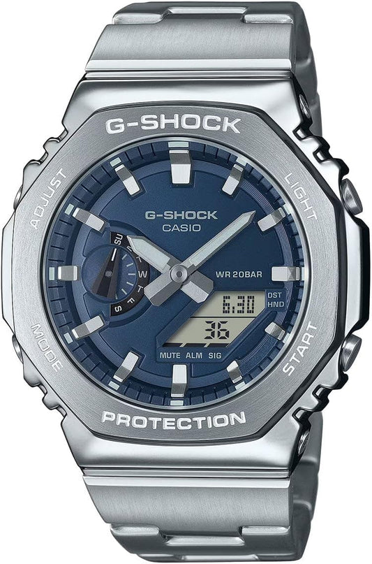 Casio G-Shock Octagon Navy Blue Stainless Steel Watch GM2110D-2B, Silver, Modern, Silver, Modern