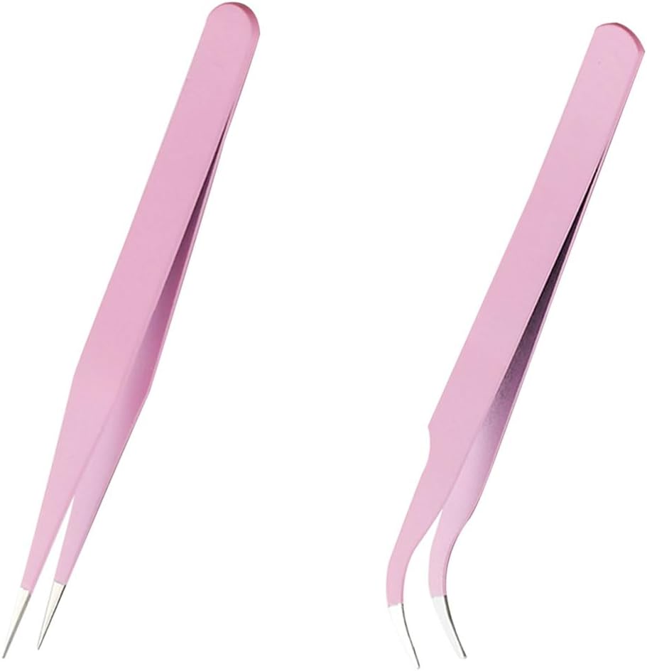 False Eyelash Tweezers Eyelash Extensions Tweezers Precision Tweezers Curved Tweezers Craft DIY Straight Curved Decoration Nail Art False Eyelashes 2 Tweezers Pink