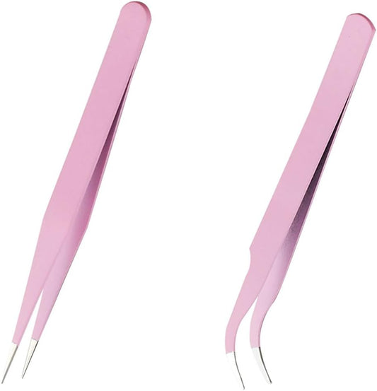False Eyelash Tweezers Eyelash Extensions Tweezers Precision Tweezers Curved Tweezers Craft DIY Straight Curved Decoration Nail Art False Eyelashes 2 Tweezers Pink