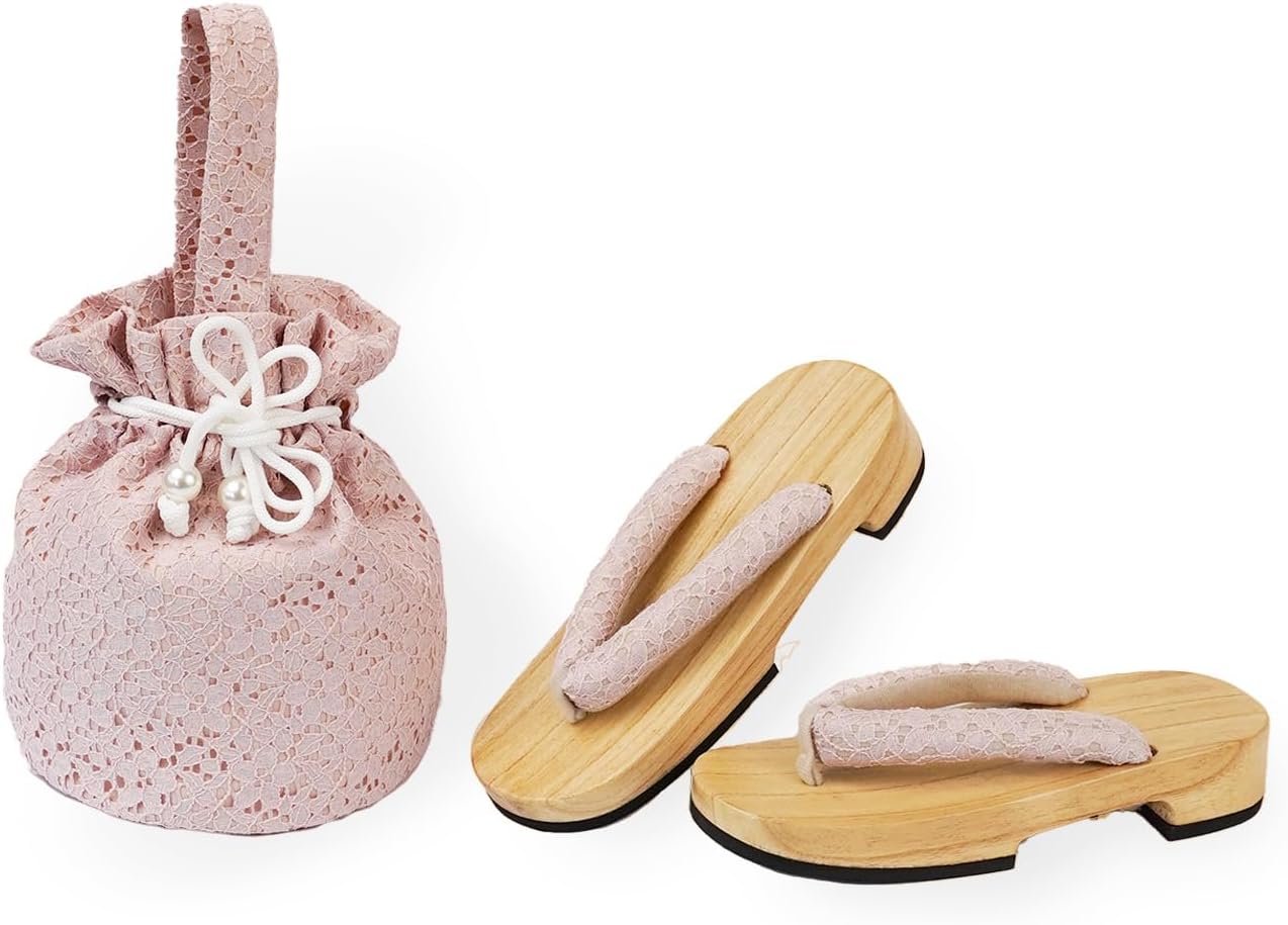 Amemari Shiraki Clogs, Drawstring Bag Set, 2-Piece Set, Women's, White Wood, Yukata Clothing, Hakama Clothing, Setup, Yukata, Painless, Ultra Soft Nose, Yukata Bag, Embroidery, Lace, Japanese, Western