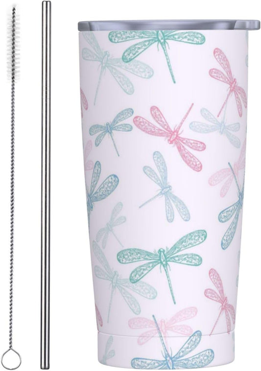 Dragonfly - Vaso de 20 onzas con tapa y popote para mujeres y hombres, taza aislada con diseño de libélula rosa y azul, para amantes de los animales, vaso de acero inoxidable de doble pared