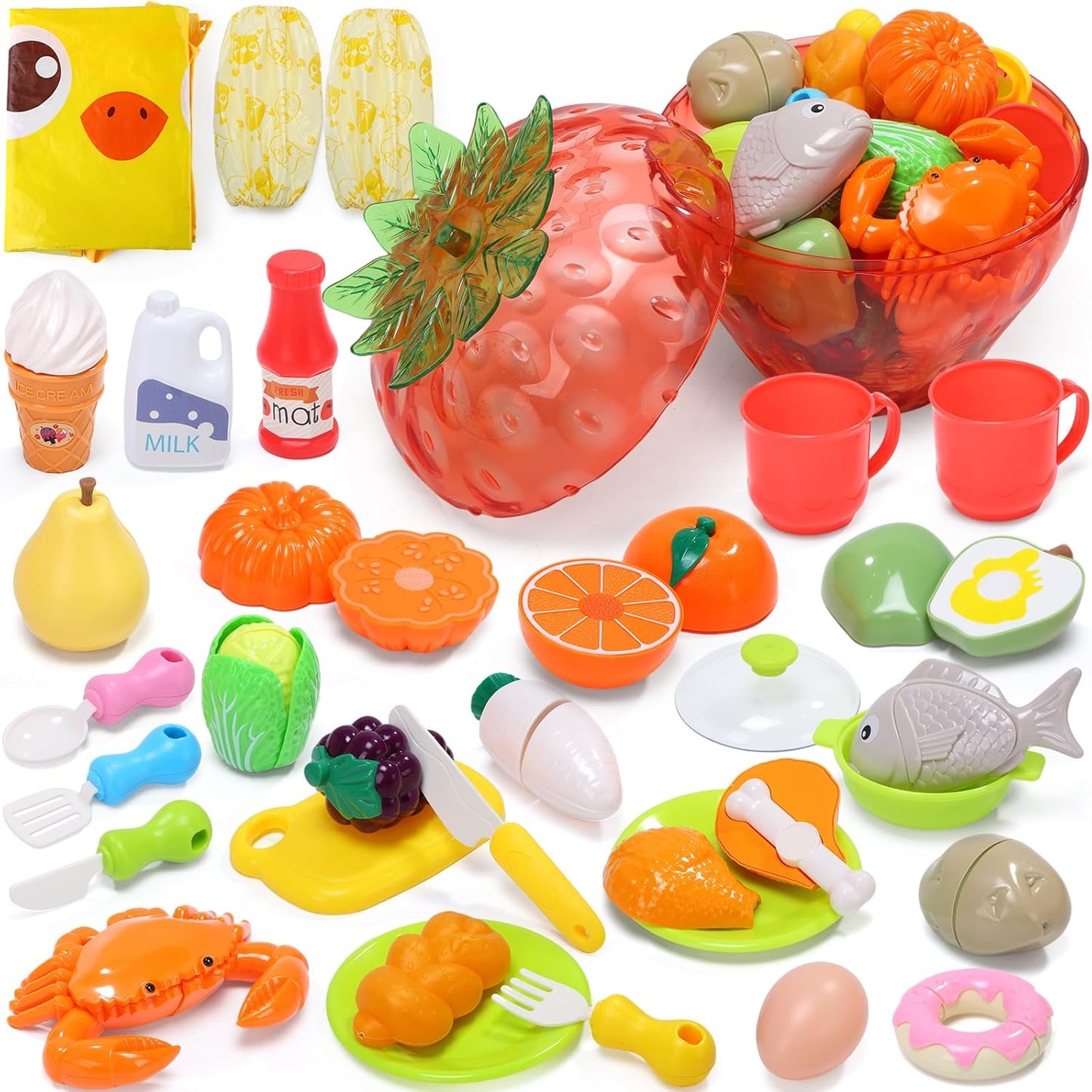 Pretend Play Set, Cute Stone Toy, 53-Piece Set, Pretend Play, Food, Educational Toy, Storage Box Included, Strawberry Design, Apron, Sleeve Cover, Seafood, Vegetables, Fruits, Tableware, Cookware