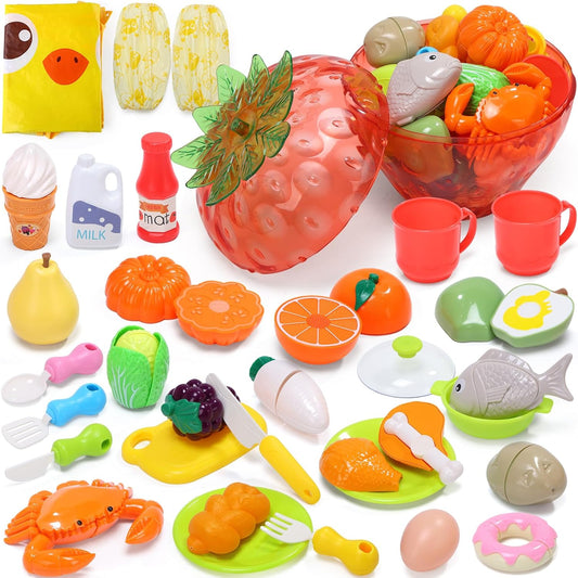 Pretend Play Set, Cute Stone Toy, 53-Piece Set, Pretend Play, Food, Educational Toy, Storage Box Included, Strawberry Design, Apron, Sleeve Cover, Seafood, Vegetables, Fruits, Tableware, Cookware