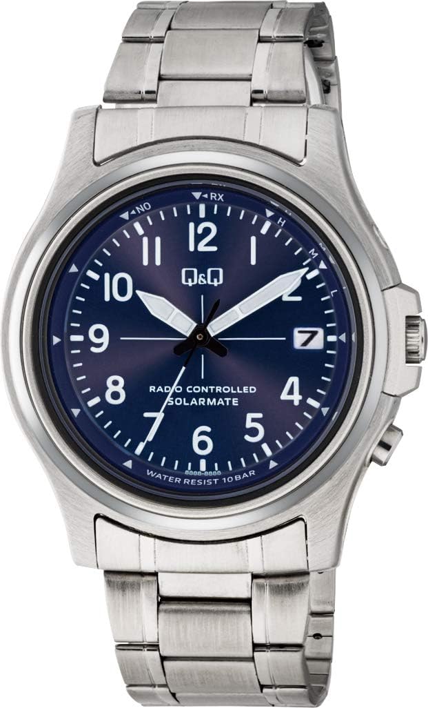 Citizen Q&Q HG18-235 Men's Analog Wristwatch, Radio Control, Solar, Waterproof, Date Display, Metal Band, Blue Dial, Silver