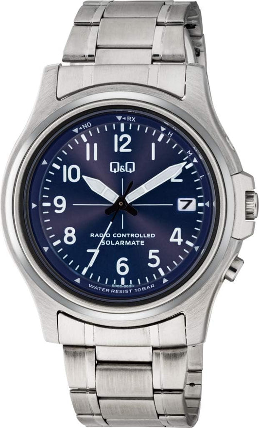 Citizen Q&Q HG18-235 Men's Analog Wristwatch, Radio Control, Solar, Waterproof, Date Display, Metal Band, Blue Dial, Silver