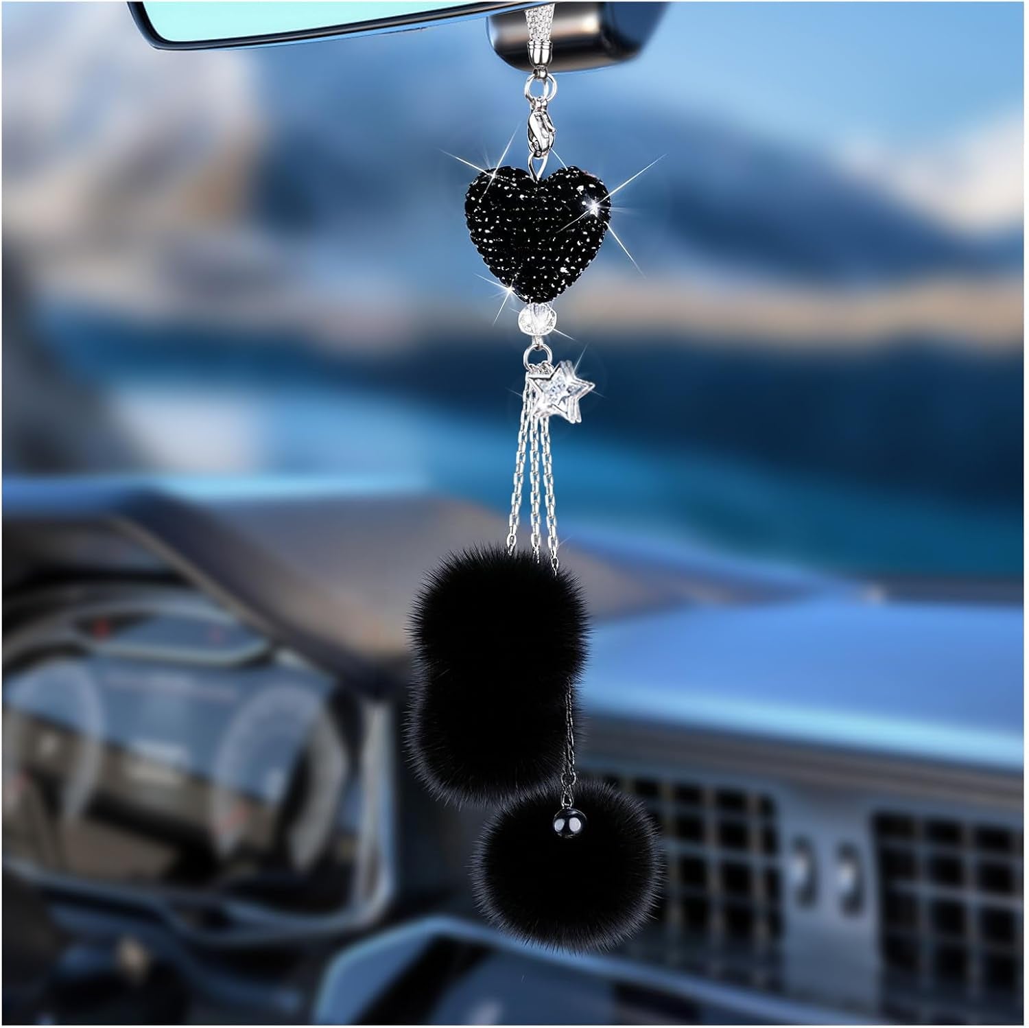Adorno brillante para colgar en el automóvil, accesorios de espejo de automóvil para mujer, corazón de diamante y bola de felpa mullida, accesorios de automóvil para colgar, colgante para espejo