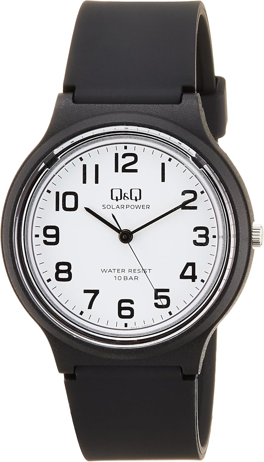 Citizen Q&Q Analog Solar Wristwatch, 10 ATM Water-Resistant, Urethane Band, No Battery Replacement Needed, Lightweight, Easy-to-Read Dial, Simple E04A Series, multicolor (black / white), Classic