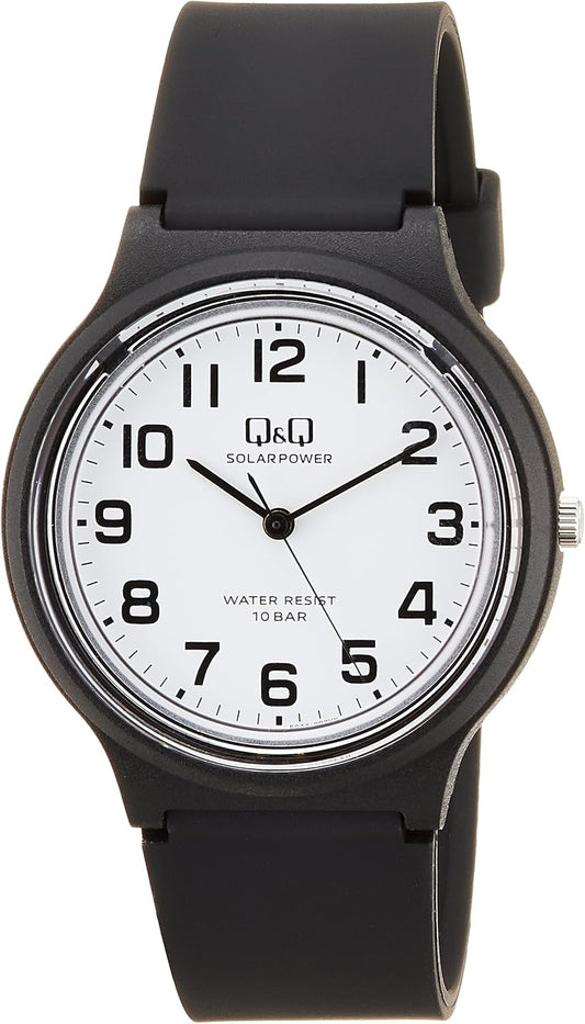 Citizen Q&Q Analog Solar Wristwatch, 10 ATM Water-Resistant, Urethane Band, No Battery Replacement Needed, Lightweight, Easy-to-Read Dial, Simple E04A Series, multicolor (black / white), Classic